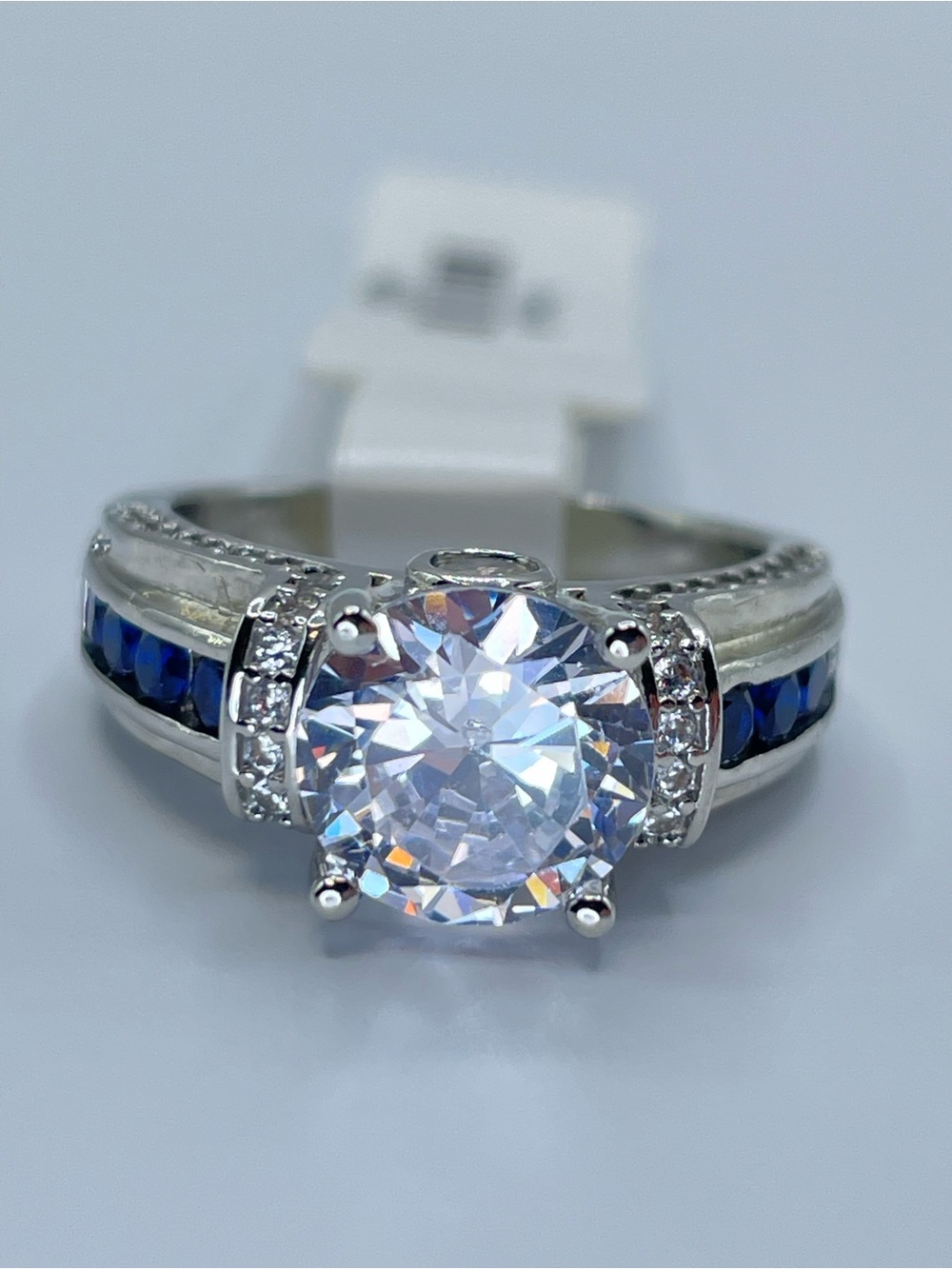 Swarovski Crystal Elements Blue White Crystal Solitaire Ring Sz 7 Glam Bridal